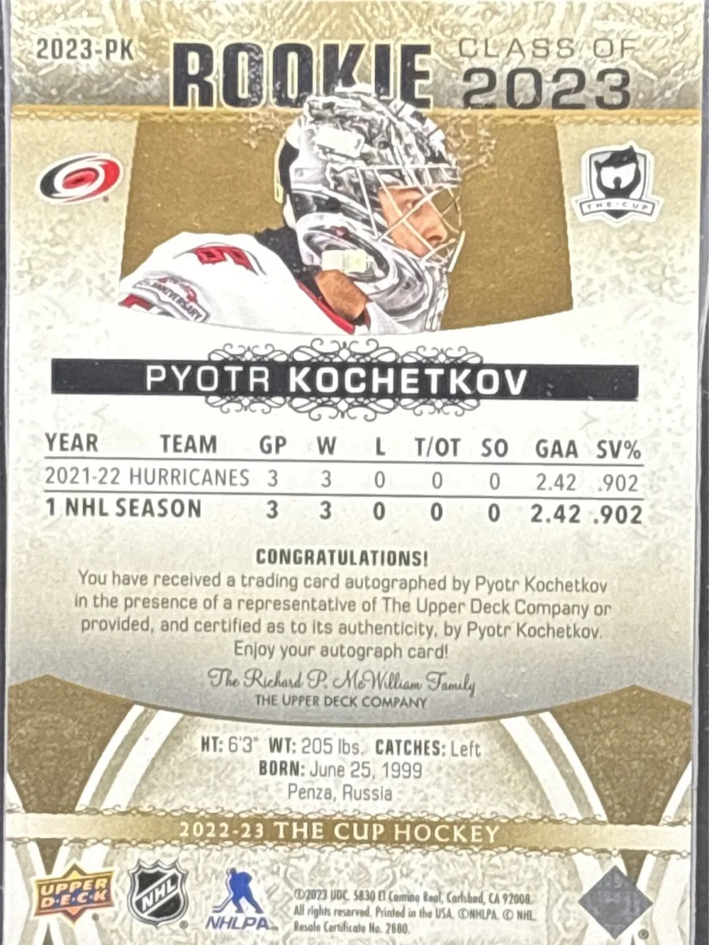 Upper Deck The Cup Pyotr Kochetkov Auto Rookie Hockey Card - LE 47/50
